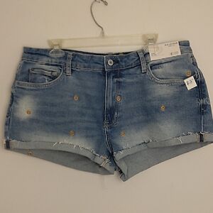Arizona Women's Blue Denim Shorts Size 36 Smiley Face Patches Hippie Boho Festiv